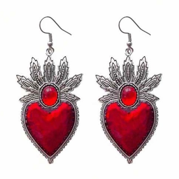 “Blooming Sacred Heart” Ruby Red Fiery Jesus Immaculate Mary Catholic Earrings - Picture 1 of 16
